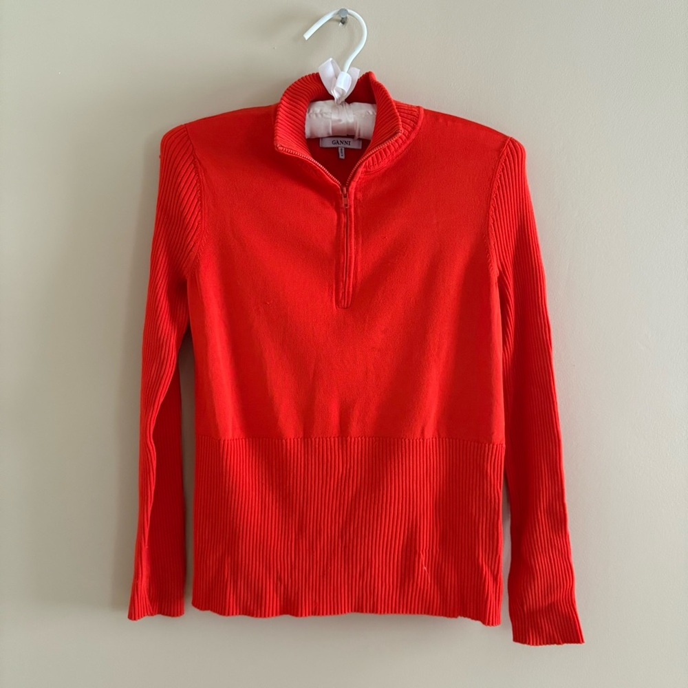 Ganni Red Ribbed Quarter-Zip